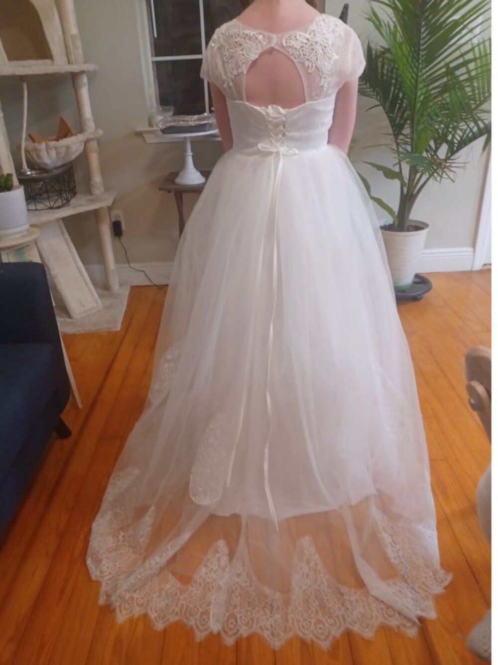 NWOT Girl's Formal Dress, Embroidered Lace, Full Crinoline, Train Sz 12
